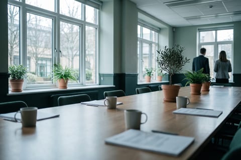 A long empty boardroom table receding into soft focus